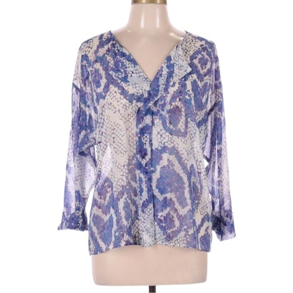 RBL Apparel Long Sleeve Blouse Size M Semi-Sheer V-neck Purple and White Print - Picture 1 of 6